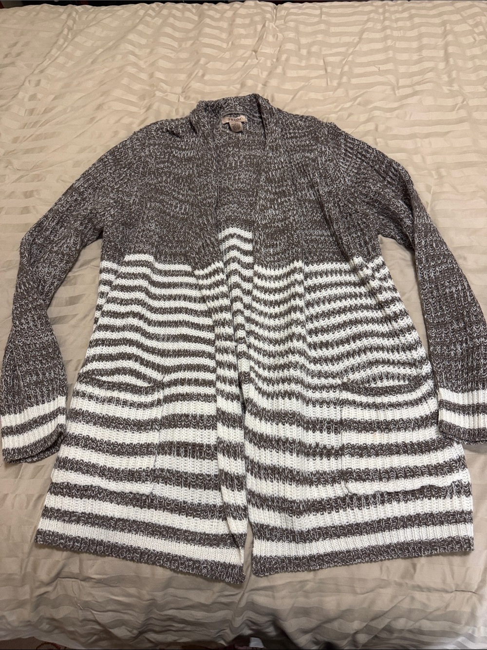fresh Gray and White Striped Open-Front Cardigan